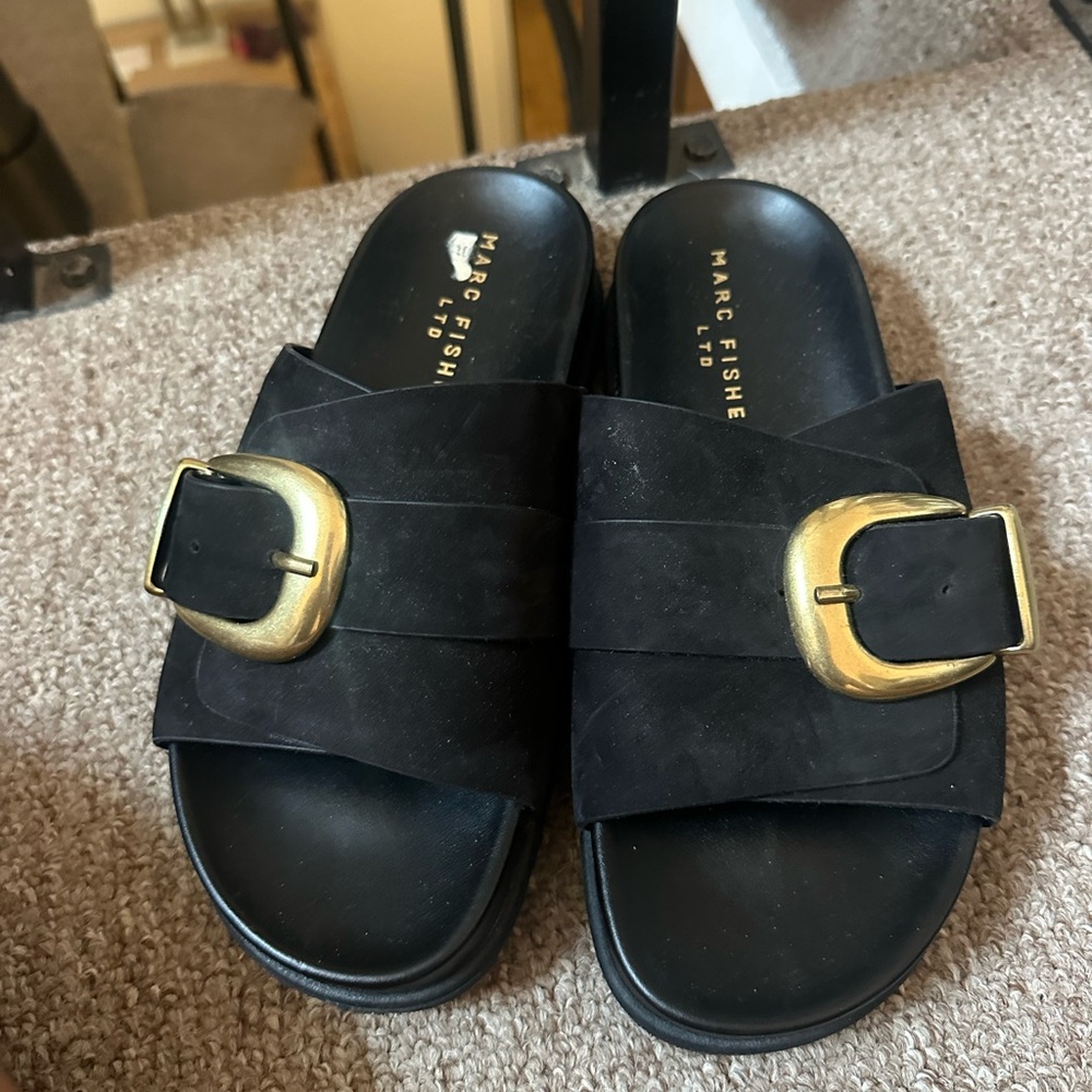 Marc Fisher Black Slides with Gold Accent